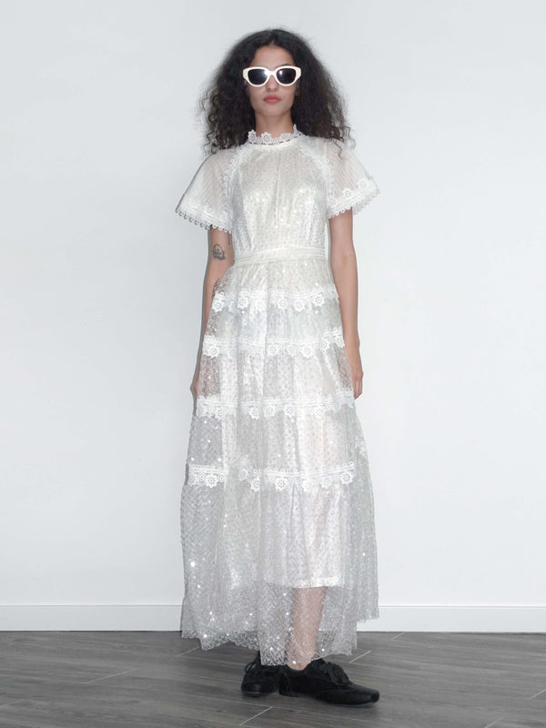 cubic Lace Waist A-line Maxi Dress White