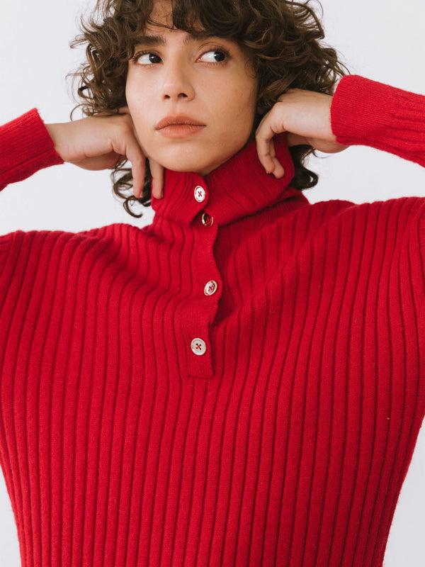 Cubic Large Lapel Red Knit Dress Red