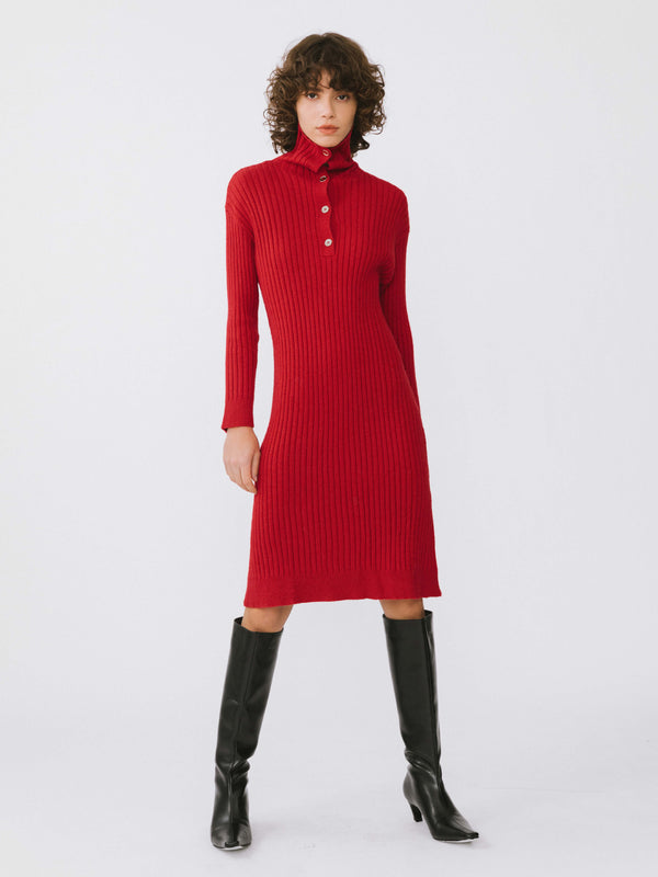 cubic Large Lapel Red Knit Dress Red