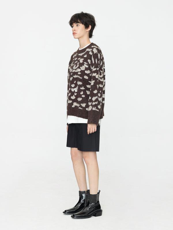 Cubic Leopard Jacquard Thick Knit Jumper Coffee