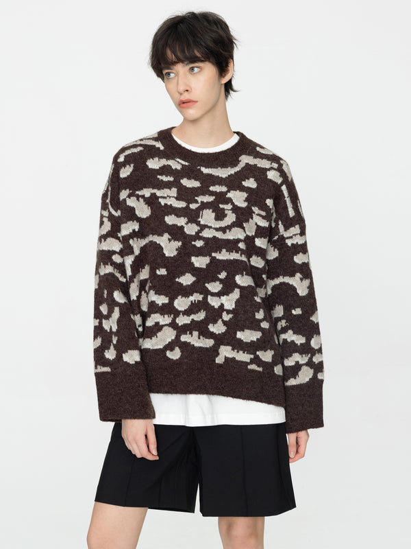 Cubic Leopard Jacquard Thick Knit Jumper Coffee