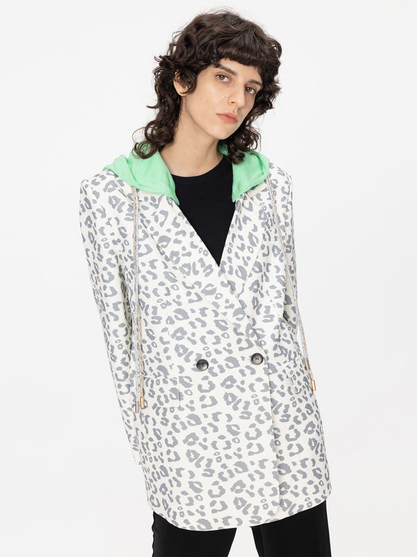 Cubic Leopard Print Blazer With Hood White