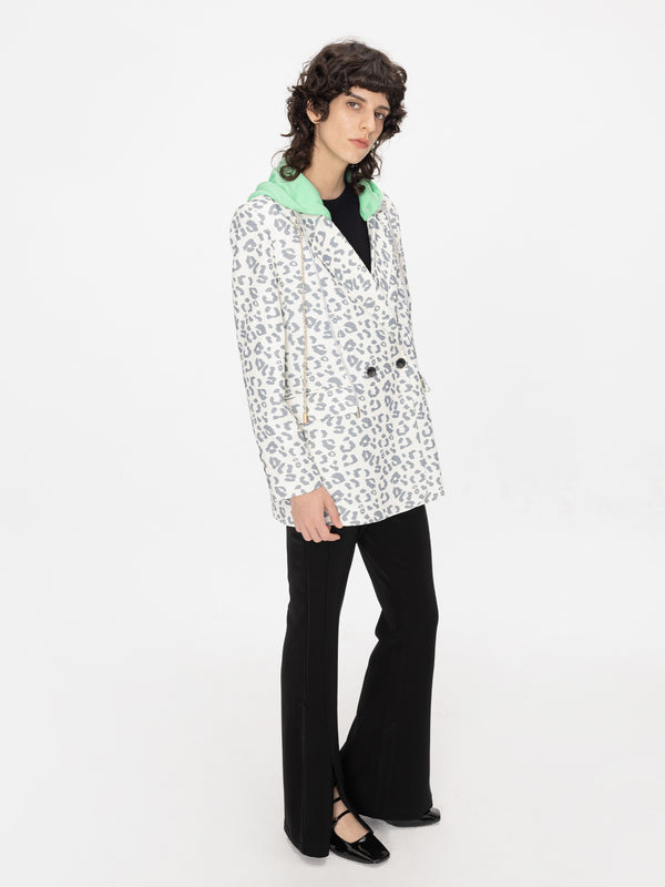 Cubic Leopard Print Blazer With Hood White