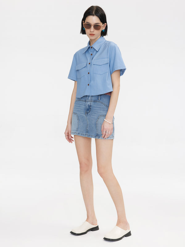 Cubic Light Blue Cropped Shirt SkyBlue