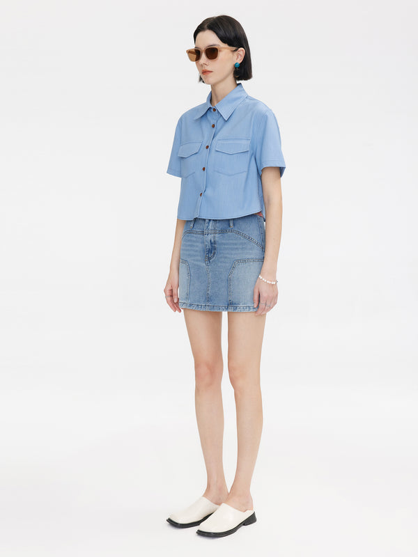 Cubic Light Blue Cropped Shirt SkyBlue