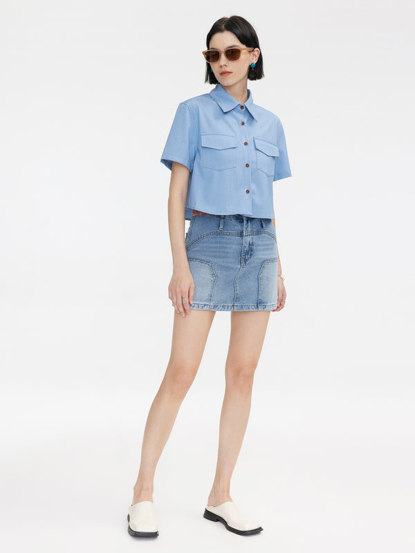 cubic Light Blue Cropped Shirt SkyBlue