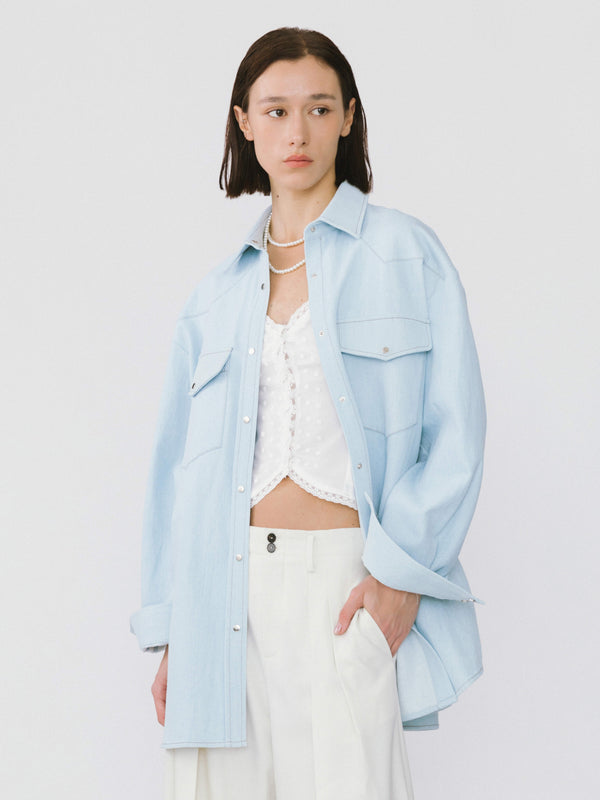 cubic Light-colored Loose Denim Jacket Light Blue