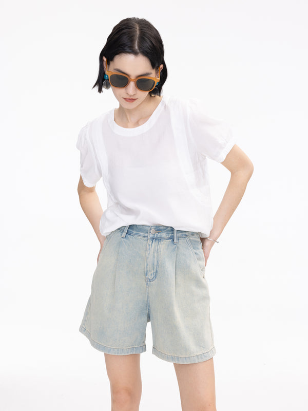 Cubic Light Puff Sleeve Shirt White