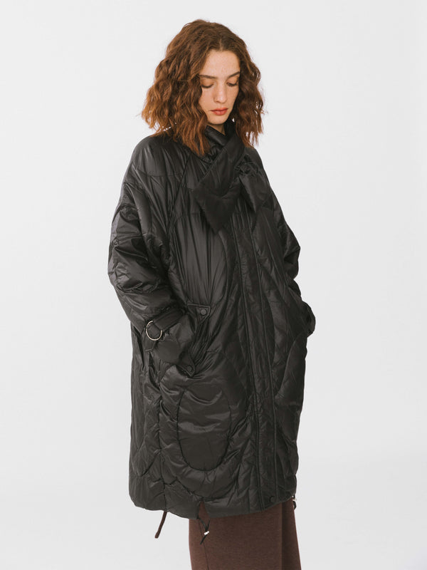 cubic Long Duck Down Coat With Scarf White