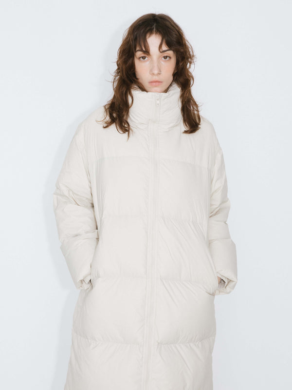 Cubic Long High Neck Zip Up Cocoon Down Coat White