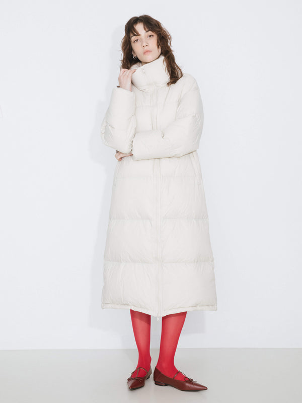 Cubic Long High Neck Zip Up Cocoon Down Coat White