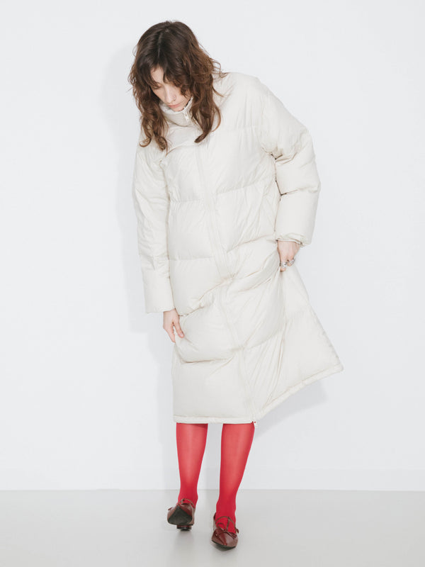 Cubic Long High Neck Zip Up Cocoon Down Coat White