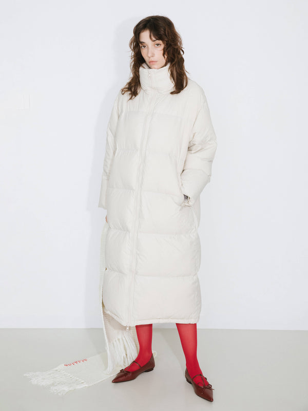 cubic Long High Neck Zip Up Cocoon Down Coat White