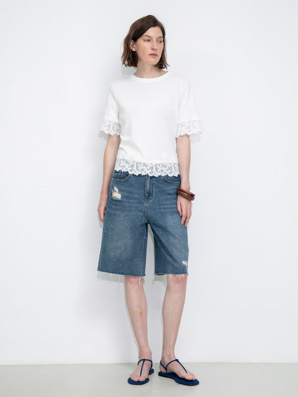 cubic Loose Cotton T-Shirt with Lace Panels White