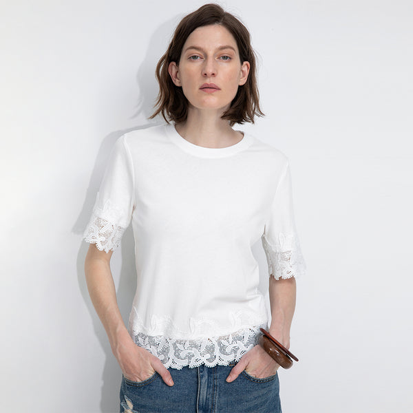 Cubic Loose Cotton T-Shirt With Lace Panels White