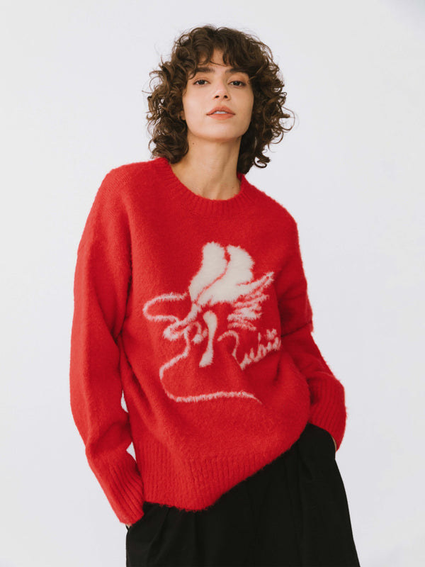 Cubic Loose Fit Color Block Jacquard Sweater Red