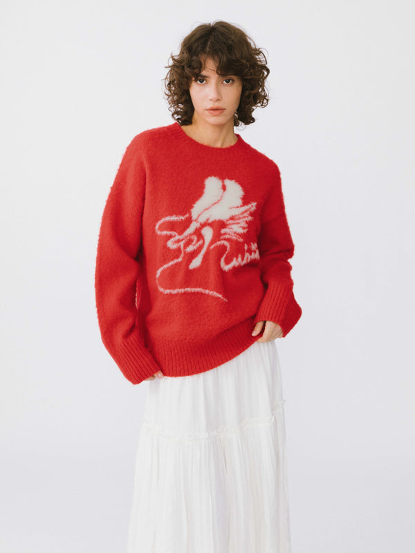 Cubic Loose Fit Color Block Jacquard Sweater Red