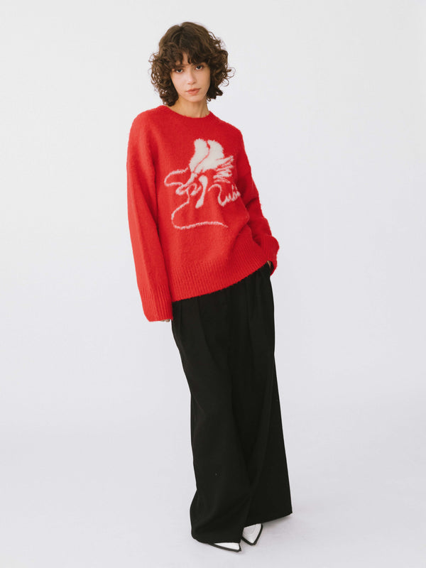 Cubic Loose Fit Color Block Jacquard Sweater Red