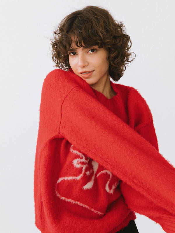 cubic Loose Fit Color Block Jacquard Sweater Red