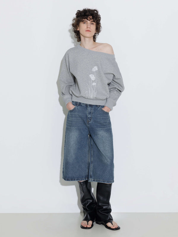 Cubic Loose Fit Knee-Length Denim Shorts Blue