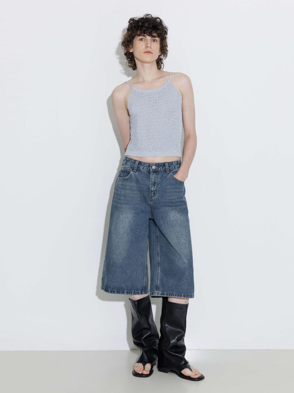 cubic Loose Fit Knee-Length Denim Shorts Blue