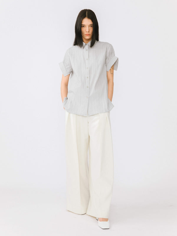 Cubic Loose Shirt With Pleated Short Sleeves White