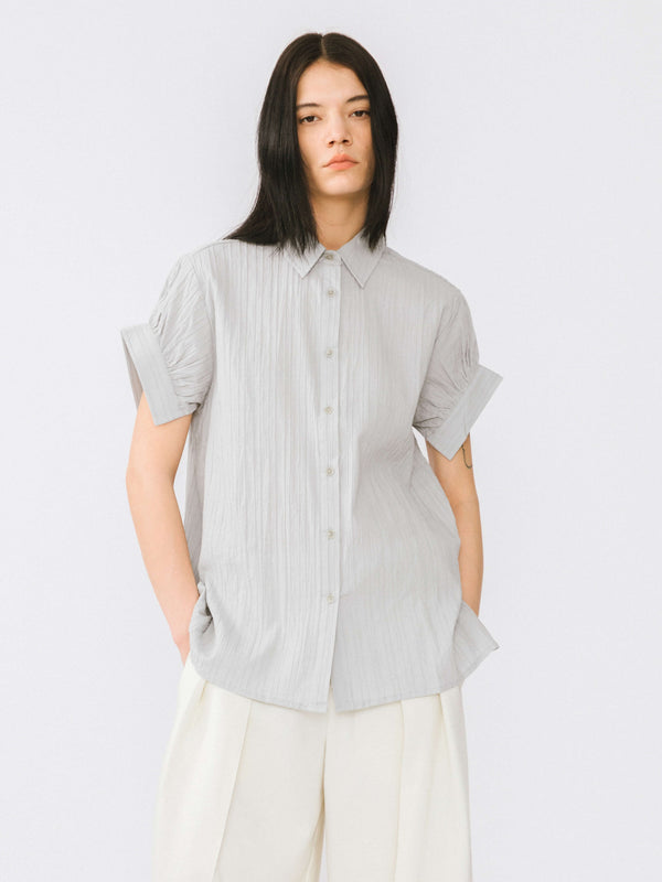 cubic Loose Shirt with Pleated Short Sleeves White