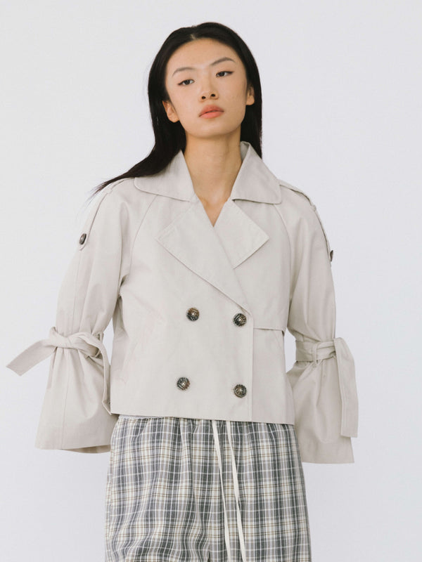 cubic Loose Sleeved Short Trench Coat Beige