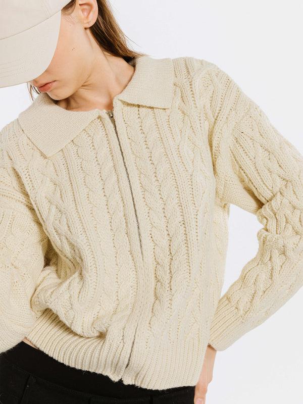 Cubic Lozenge And Cable Knit Zip Up Cardigan Beige