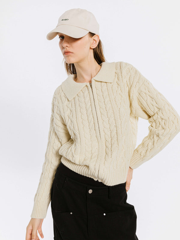 Cubic Lozenge And Cable Knit Zip Up Cardigan Beige