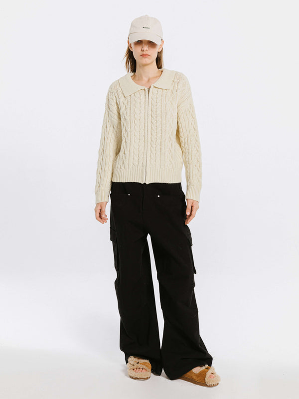 Cubic Lozenge And Cable Knit Zip Up Cardigan Beige