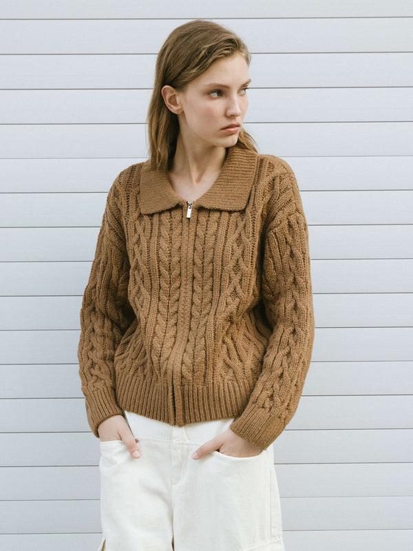 cubic Lozenge and Cable Knit Zip Up Cardigan Beige