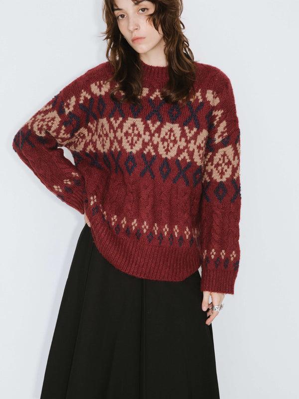 Cubic Mock Neck Boxy Knit Sweater DarkRed