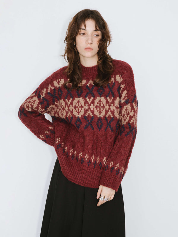 Cubic Mock Neck Boxy Knit Sweater DarkRed