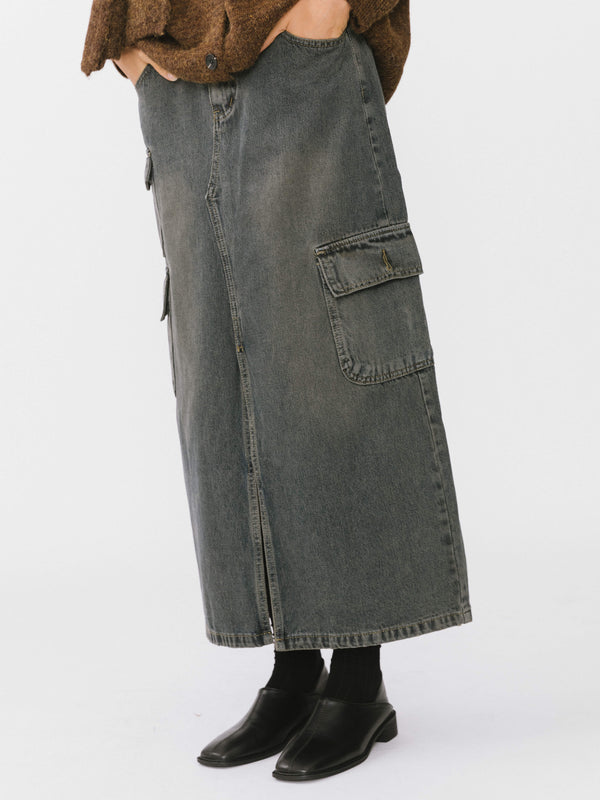 cubic Multi Pocket Washed Demin Skirt Gray