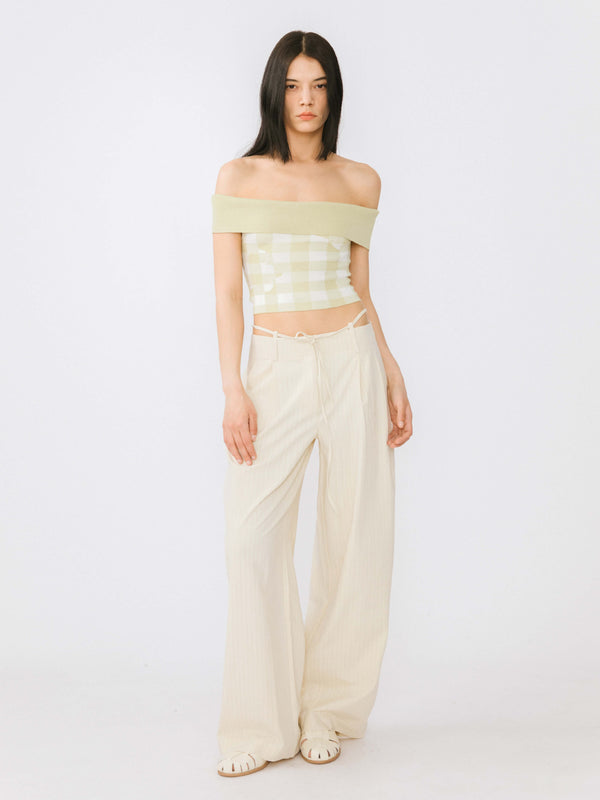 Cubic Off-Shoulder Checkered Knit Cami Top Pink