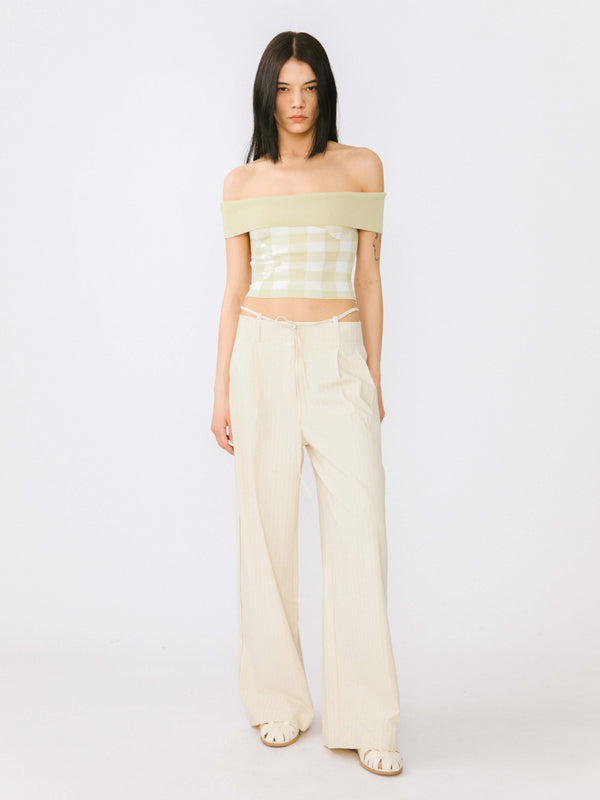 Cubic Off-Shoulder Checkered Knit Cami Top Pink