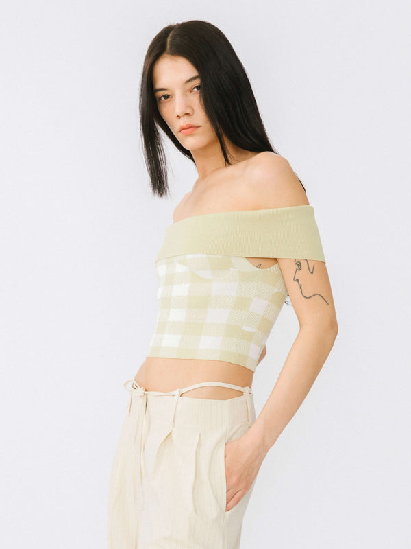 Cubic Off-Shoulder Checkered Knit Cami Top Pink