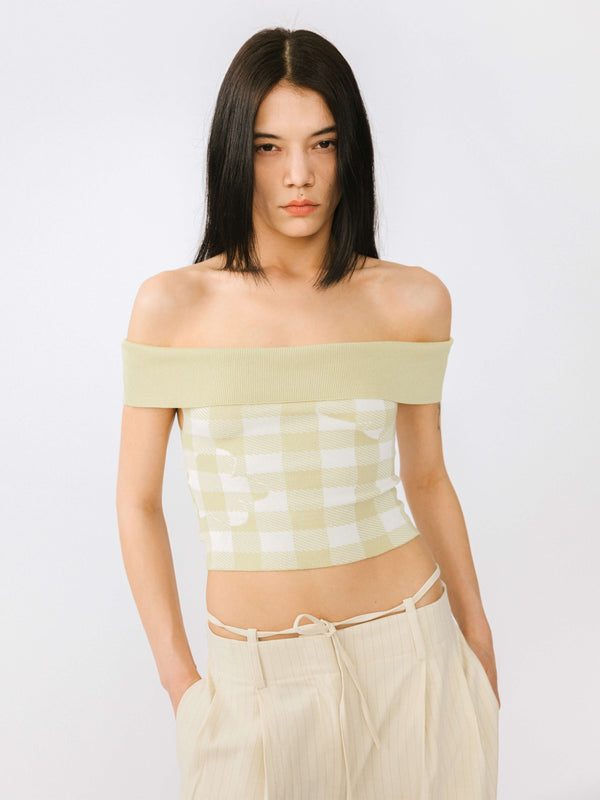 cubic Off-Shoulder Checkered Knit Cami Top Pink