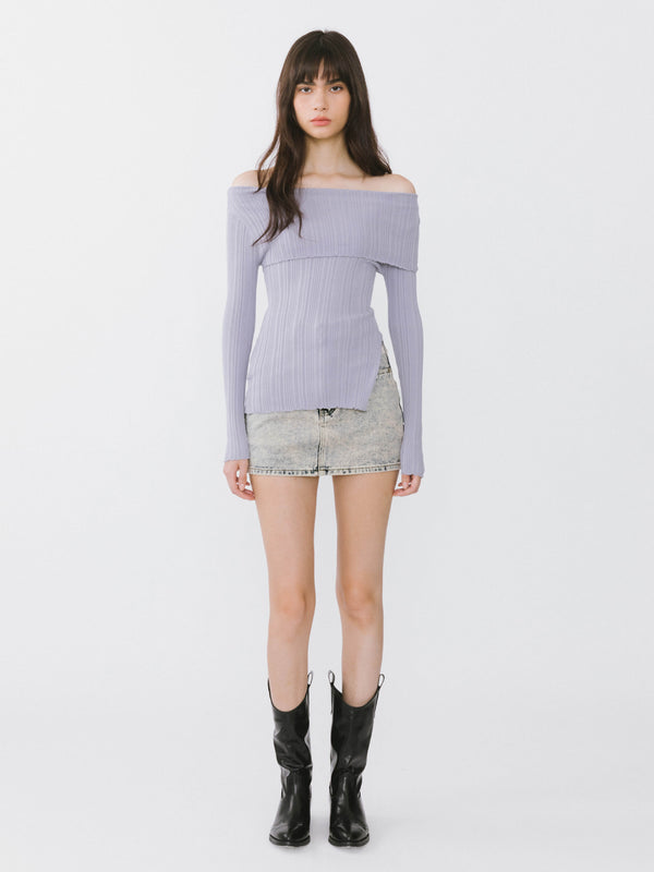 Cubic Off-Shoulder Long Sleeve Fitted Top Lavender