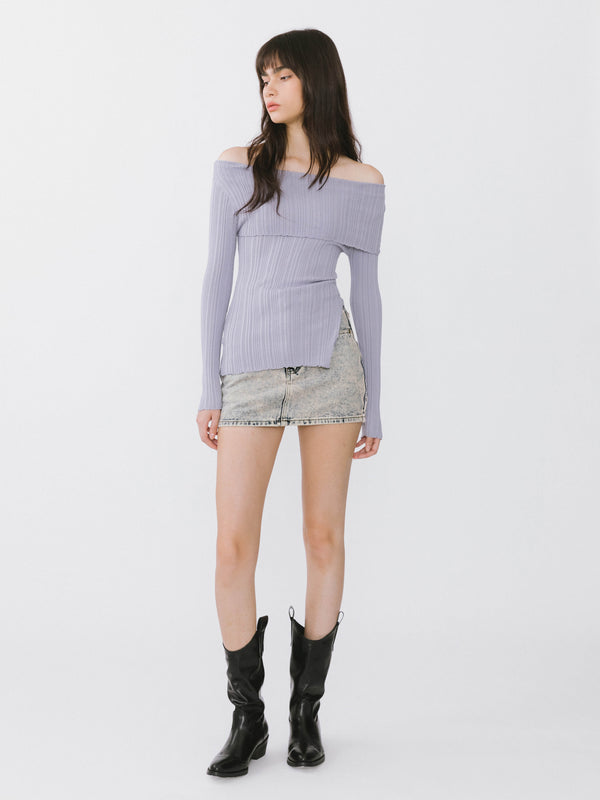 Cubic Off-Shoulder Long Sleeve Fitted Top Lavender