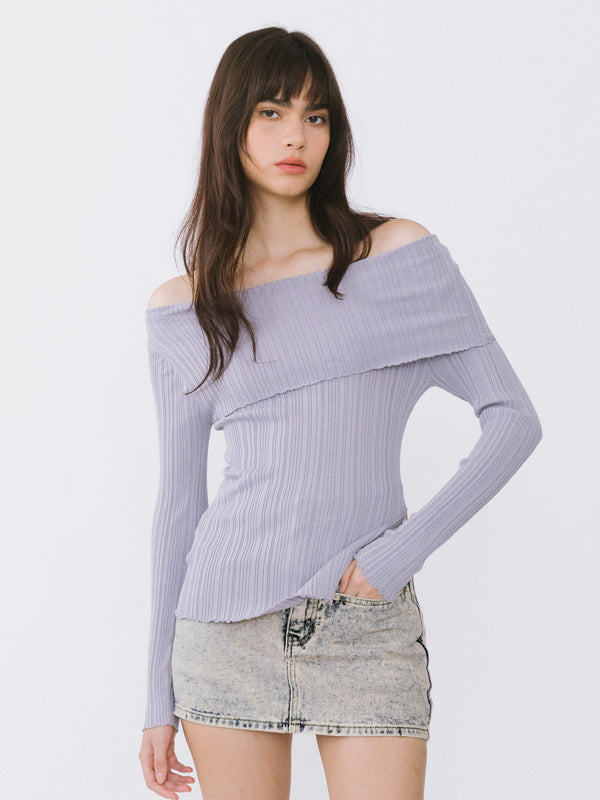 cubic Off-Shoulder Long Sleeve Fitted Top Lavender