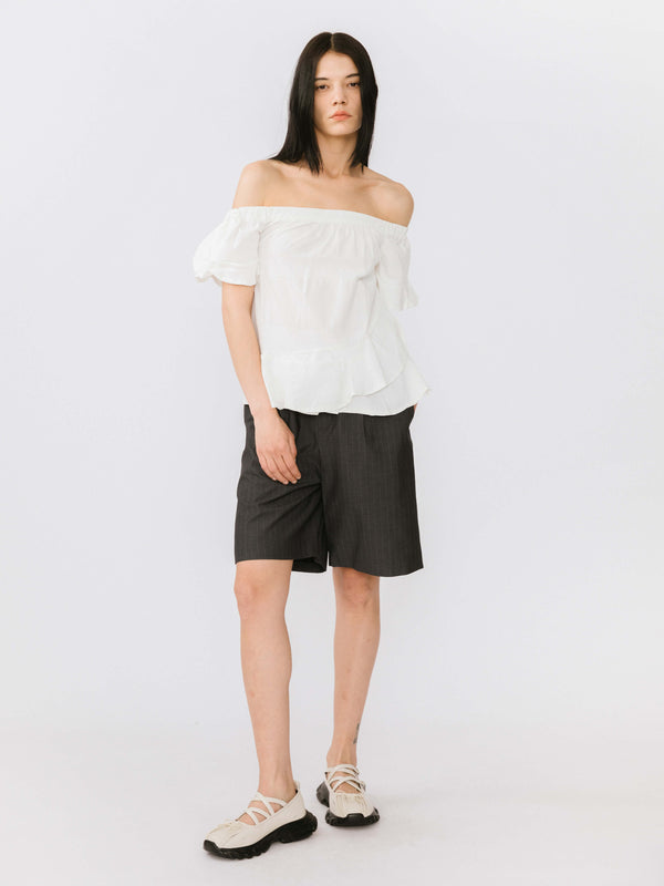 Cubic Off-Shoulder Puff Sleeve Ruffled Top White