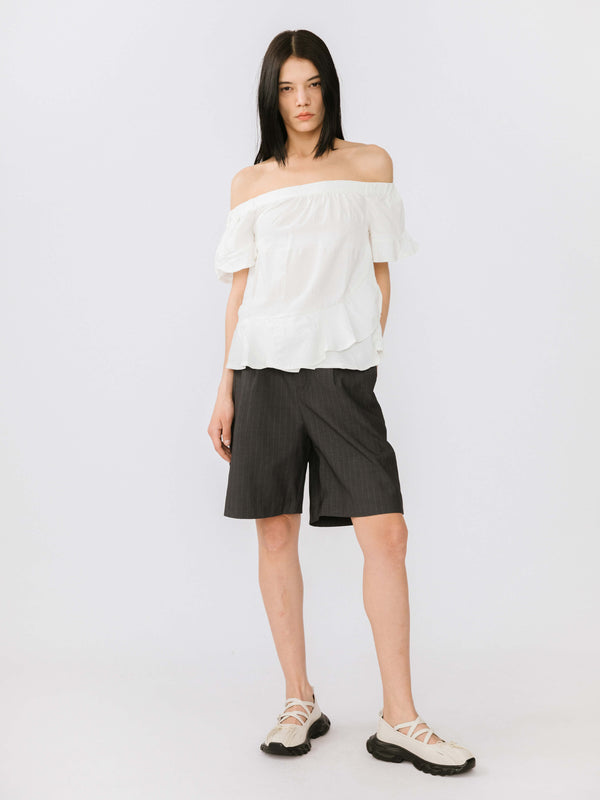 Cubic Off-Shoulder Puff Sleeve Ruffled Top White