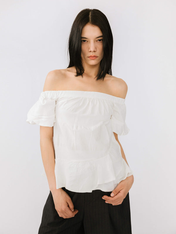Cubic Off-Shoulder Puff Sleeve Ruffled Top White