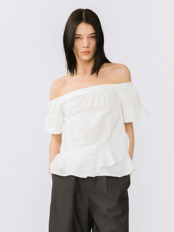 cubic Off-Shoulder Puff Sleeve Ruffled Top White
