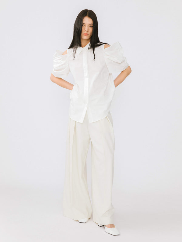 Cubic Off-Shoulder Short Sleeve Cotton Shirt White