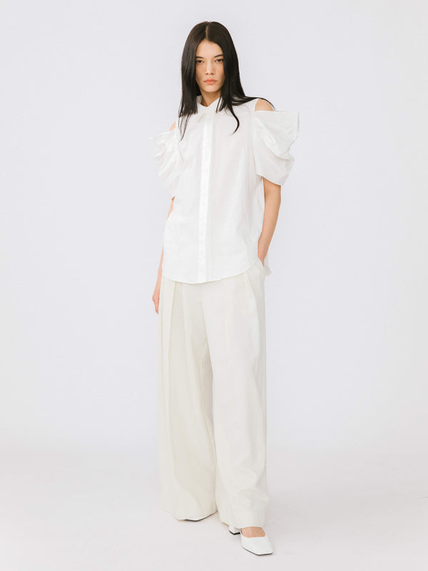 Cubic Off-Shoulder Short Sleeve Cotton Shirt White