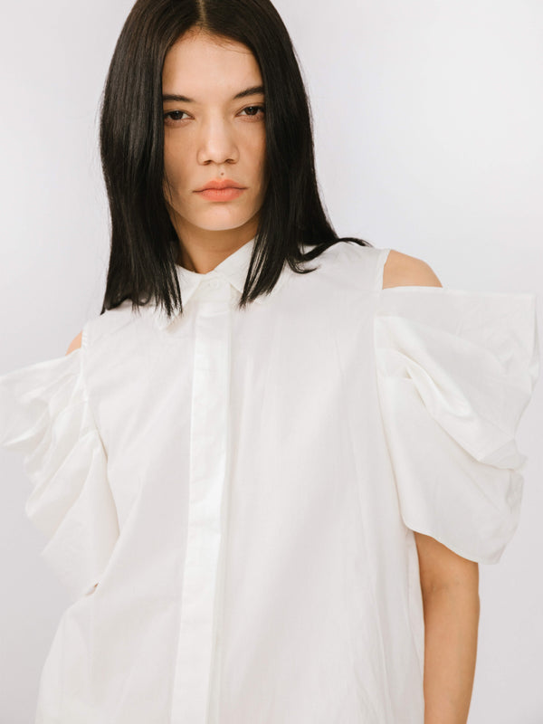 Cubic Off-Shoulder Short Sleeve Cotton Shirt White