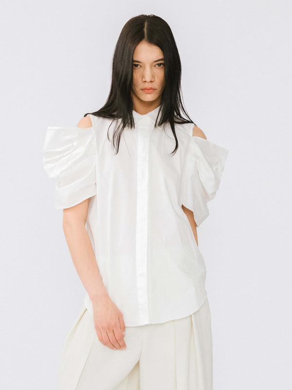 cubic Off-Shoulder Short Sleeve Cotton Shirt White